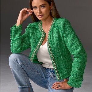Boston Proper Emerald Tweed Blazer with Pearl Accents